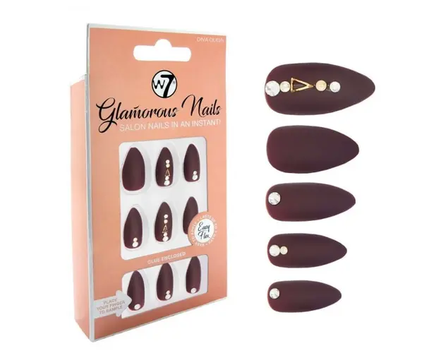 Kit 24 Unghii False W7 Glamorous Nails, Diva Queen, cu adeziv inclus si pila de unghii