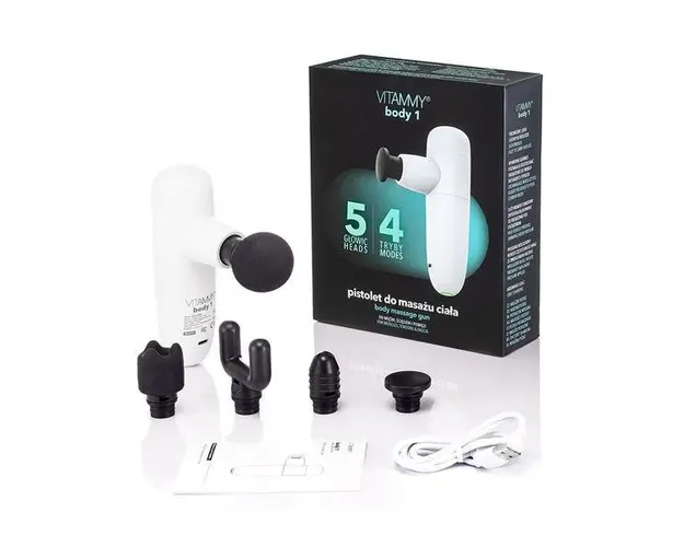 Aparat de masaj tip pistol Vitammy Body 1, portabil, 5 capete de masaj, 4 trepte de viteza, baterie litiu-ion, USB-C, Alb