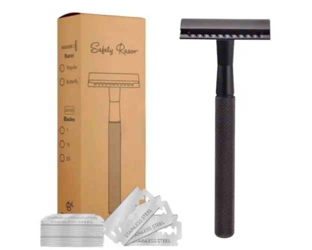Aparat de ras clasic Safety Razor Black din aluminiu si set de lame 20 buc