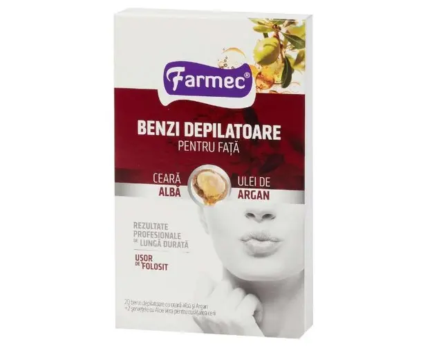 Benzi Depilatoare pentru Fata cu Ceara Alba si Argan Farmec, 20 buc