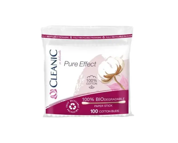 Betisoare de Urechi Biodegradabile din Bumbac - Cleanic Pure Effect 100% Biodegradable, 100 buc/punga