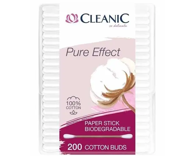 Betisoare de Urechi Biodegradabile din Bumbac - Cleanic Pure Effect 100% Biodegradable, 200 buc