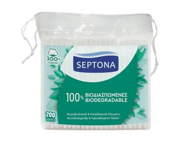 Betisoare de Urechi Biodegradabile din Bumbac - Septona 100% Biodegradable 100% Cotton, 200 buc
