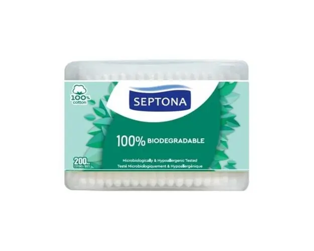 Betisoare de Urechi Biodegradabile din Bumbac - Septona 100% Biodegradable 100% Cotton, 200 buc