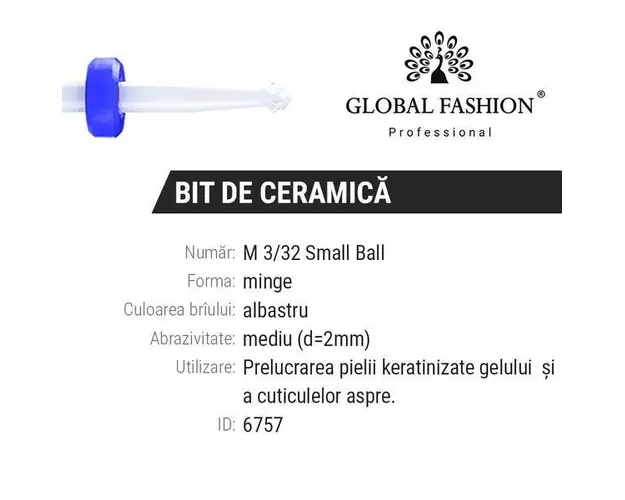 Bit ceramica cuticula albastru, Global Fashion, M 3/32 Small Ball (M)