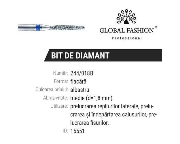 Bit diamant cuticule Flacara 244-018B - Brau albastru