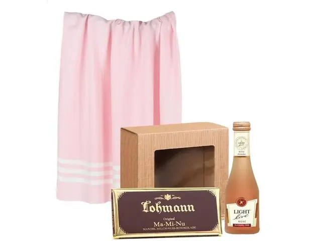 Cadou &bdquo;Lohman&bdquo; cu prosop de plaja (90 x 180 cm) + vin miniatura (0,2 L) + ciocolata cu lapte (100 gr) 