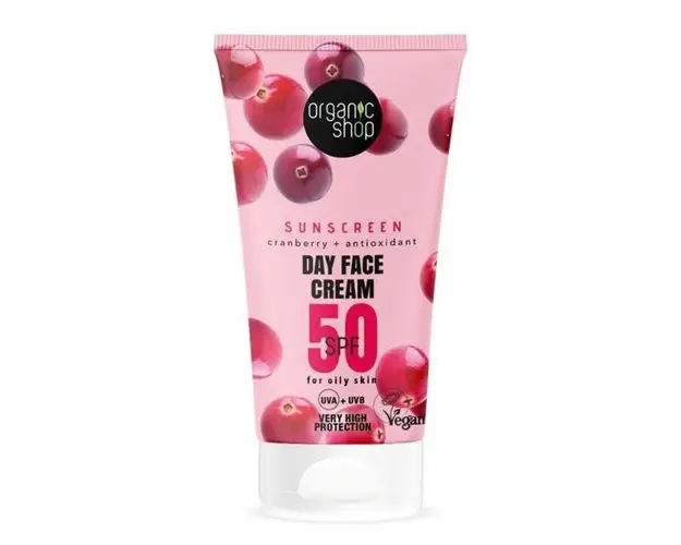 Crema Protectie Solara pentru Ten Mixt sau Gras, SPF50 UVA+UVB - Organic Shop Sunscreen Day Face Cream Cranberry+Antioxidants SPF50, 50 ml