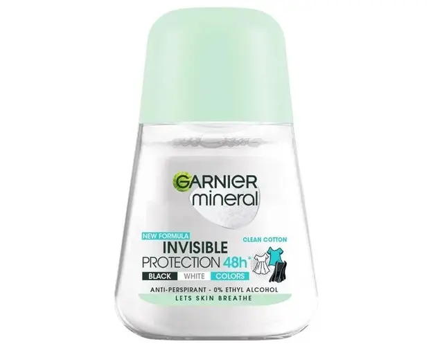 Deodorant Antiperspirant Roll-on - Garnier Mineral Invisible Protection 48h Black White Colors Clean Cotton, 50 ml