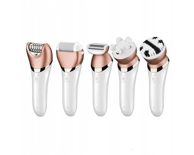 Epilator wireless 5 in 1: epilator, aparat de barbierit pentru zonele sensibile, perie exfolianta, perie faciala, aparat de masaj, cu acumulator 1400 mAh si utilizare pana la 90 de minute