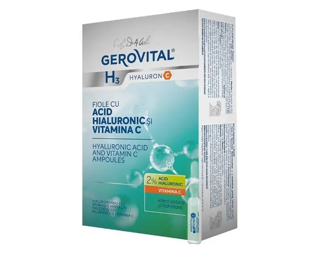 Fiole cu Acid Hialuronic - Gerovital H3 Hyaluron C Hyaluronic Acid and Vitamin C Ampoules, 10 fiole x 2ml