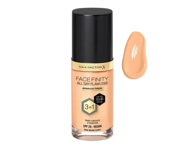 Fond de Ten 3 in 1 - Max Factor Facefinity All Day Flawless Airbrush Finish 3 in1 SPF 20 Vegan, nuanta W44 Warm Ivory, 30 ml