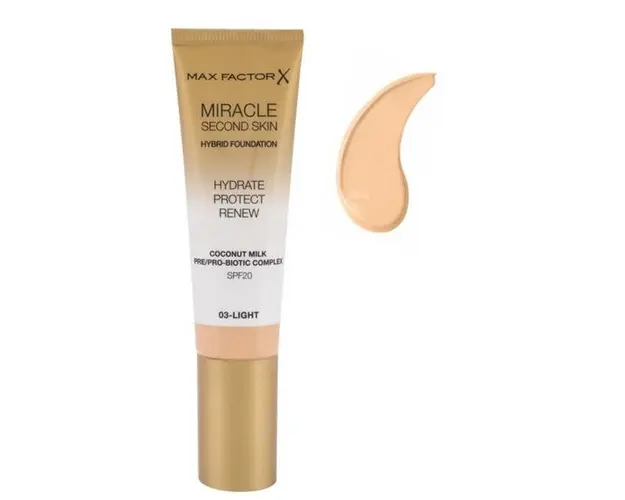 Fond de Ten - Max Factor Miracle Second Skin Hybrid Foundation SPF 20, nuanta 03 Light, 30 ml