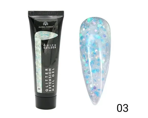 Gel UV constructie unghii, Global Fashion, Polygel color cu sclipici, 30g, Albastru 03