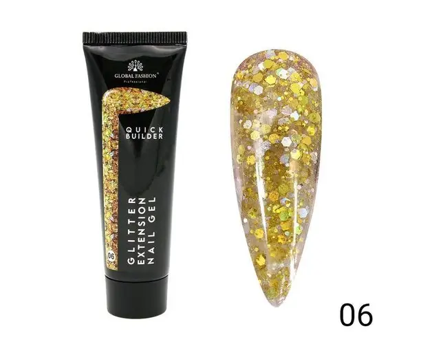 Gel UV constructie unghii, Global Fashion, Polygel color cu sclipici, 30g, Auriu 06