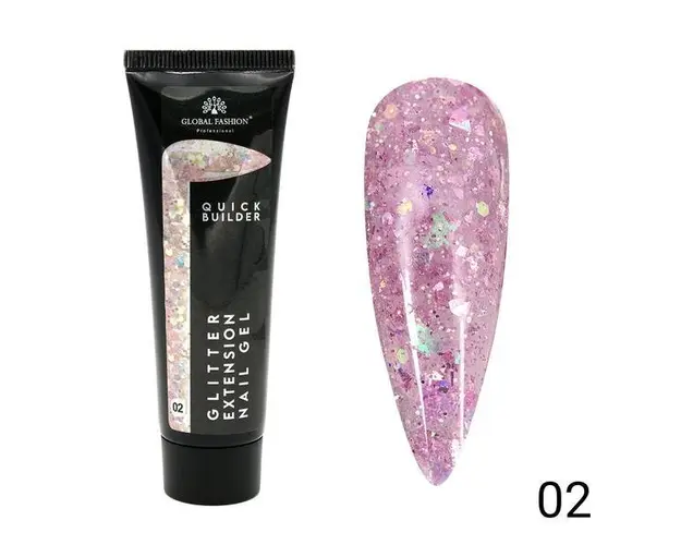 Gel UV constructie unghii, Global Fashion, Polygel color cu sclipici, 30g, Roz 02