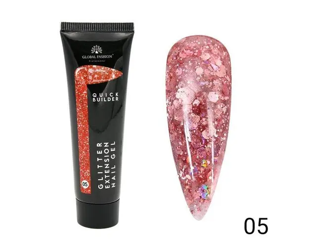 Gel UV constructie unghii, Global Fashion, Polygel color cu sclipici, 30g, Roz 05