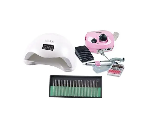 Kit unghii cu Lampa LED SUN 5, 48W, Freza unghii DM202, 35.000 rpm, Set 30 capete de lucru, pentru freze electrice 