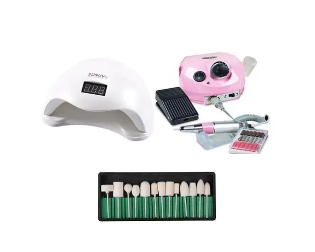 Kit unghii false, Lampa LED, Model SUN 5, 48 W, Freza electrica profesionala, DM 202, 35.000 rpm, si Set 12 capete de lucru roz, pentru freze electrice 
