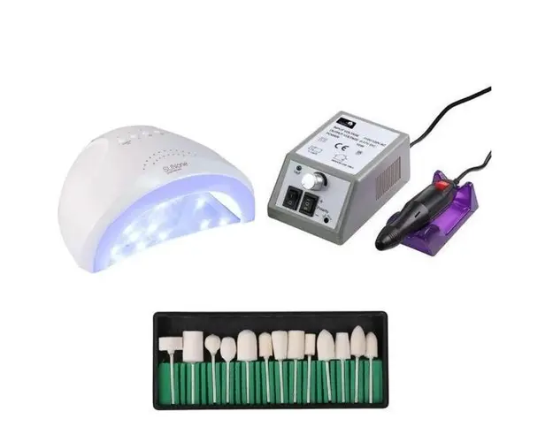 Kit unghii false, Lampa LED, Model SUN ONE, 48 W, Freza electrica profesionala, 20.000 rpm, si Set 13 capete de lucru universale 
