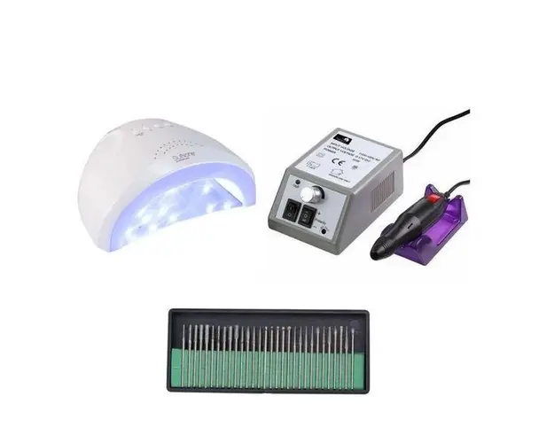 Kit unghii false, Lampa Led, Model Sun One, 48 W, Freza electrica profesionala, 20.000 rpm, si Set 30 capete de lucru universale