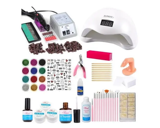 Kit unghii false, Lampa unghii SUN 5 48w, freza pila electrica unghii 20.000 rpm, si 440 accesorii nail art pentru manichiura si pedichiura