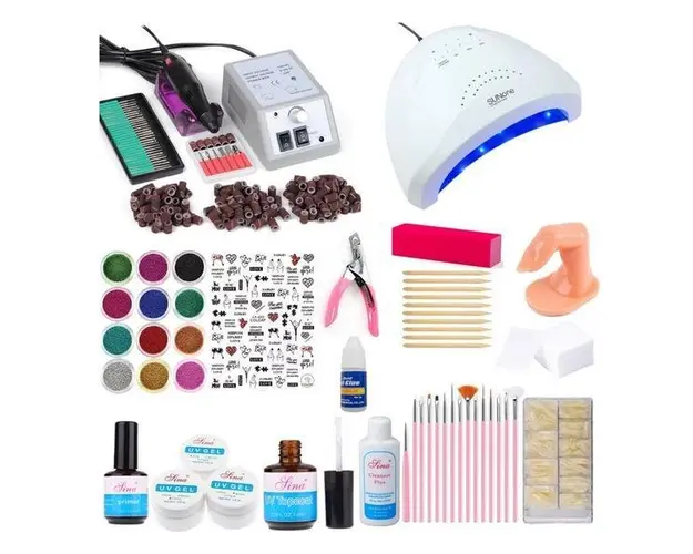 Kit unghii false, Lampa unghii Sun One 48w, freza pila electrica unghii 20.000 rpm, si 440 accesorii nail art pentru manichiura si pedichiura