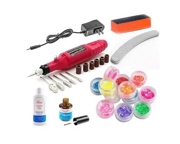 Kit Unghii, Freza electrica pentru unghii, Buffer, Degresant, Top coat, 12 Sclipici, Pila unghii