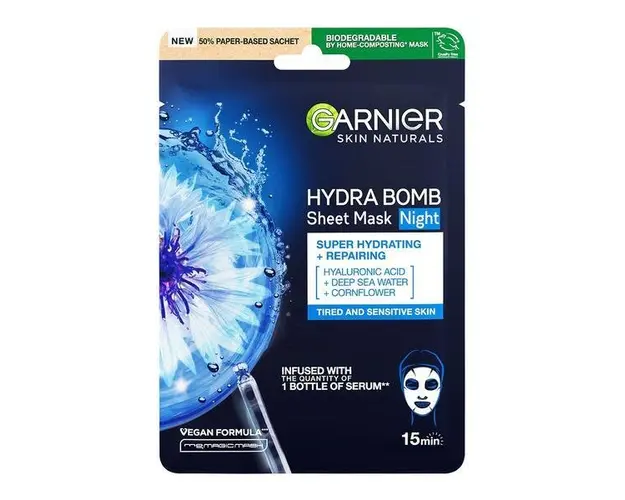 Masca servetel cu Extract de Albastrele si Acid Hialuronic pentru hidratare si reparare Skin Naturals, Garnier, 28 g