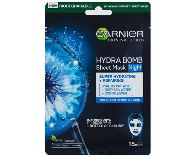Masca Servetel Hidratare Intensa si Reparare cu Extract de Albastrele si Acid Hialuronic - Garnier Skin Naturals Hydra Bomb Sheet Mask Night, 28 g
