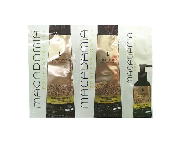 Pachet Nutritiv - Macadamia Nourishing Moisture Trio Foil Pack: sampon (10ml), balsam par (10ml) si tratament nutritiv si hidratant (5ml)