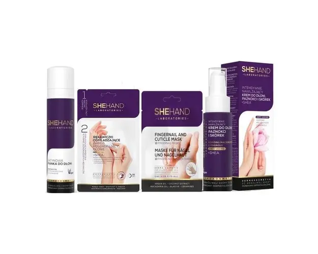 Pachet pentru maini satinate, Manusi regenerante 1 set + Crema maini 50 ml + Spuma maini 100 ml + Masca unghii 1 set, SheHand