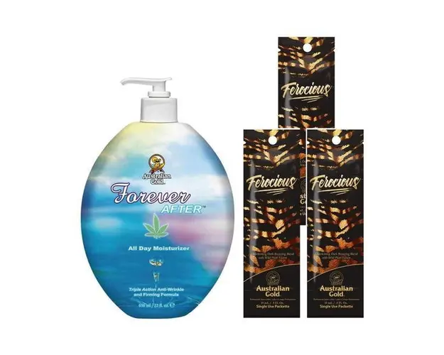 Pachet pentru plaja, Australian Gold, Forever After Sun Lotiune 650ml + Ferocious Intensificator Bronz 15ml