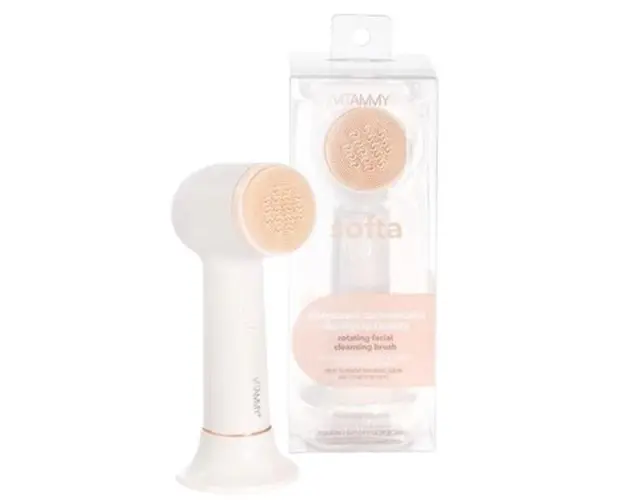 Perie rotativa de curatare a fetei Vitammy Softa, pentru fata, gat si decolteu, masaj, exfoliere, 400 rotatii/min., cap de perie din silicon interschimbabil