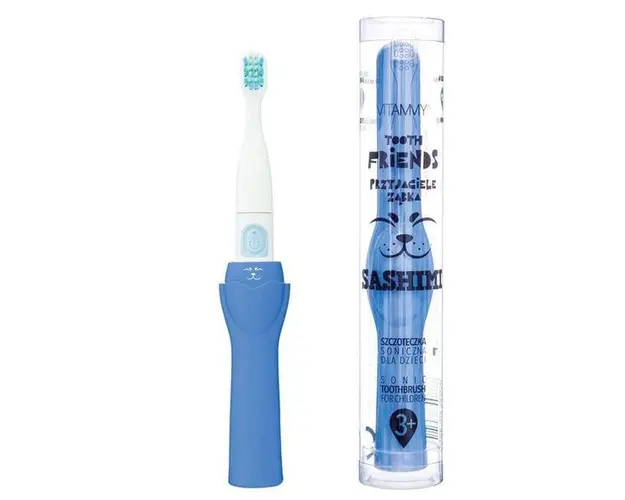 Periuta de dinti electrica Vitammy Tooth Friends, pentru copii 3+, animatie Sashimi, tehnologie IPX6, 26.000 vibratii pe minut, 2 moduri de periaj, Bleumarin