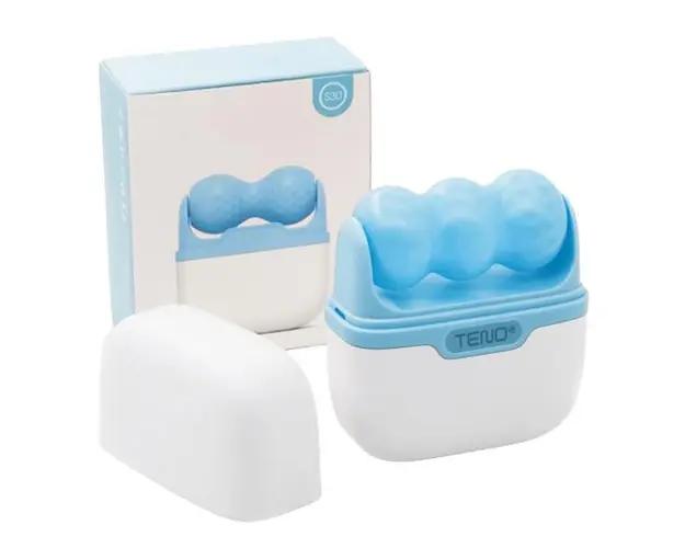 Rola de Masaj cu Gheata Teno&reg;, Ice Roller, 2 capete W si V, anti-aging, ingrijirea tenului, tonifiere, albastru/alb