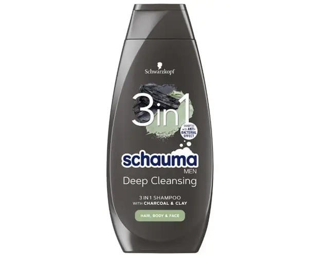 Sampon 3 in 1 pentru Barbati, cu Carbune si Argila - Schwarzkopf Schauma Men 3 in 1 Hair-Body-Face Shampoo with Charcoal + Clay, 400 ml