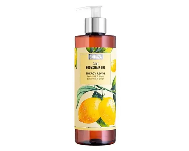 Sampon si Gel de Dus cu Parfum Natural de Lemon Buttermilk - Biobaza 3in1 Body&amp;Hair Gel Energy Revive, 400 ml