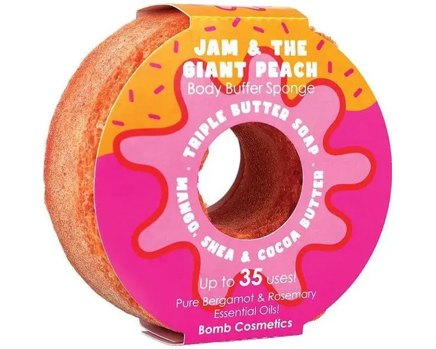 Sapun exfoliant cu burete Jam &amp; the Giant Peach Donut Body Buffer, Bomb Cosmetics, 200 g