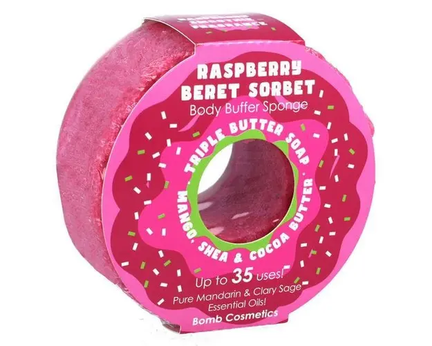 Sapun exfoliant cu burete Raspberry Beret Donut Body Buffer, Bomb Cosmetics, 200 g
