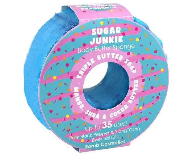 Sapun exfoliant cu burete Sugar Junkie Donut Body Buffer, Bomb Cosmetics, 200 g