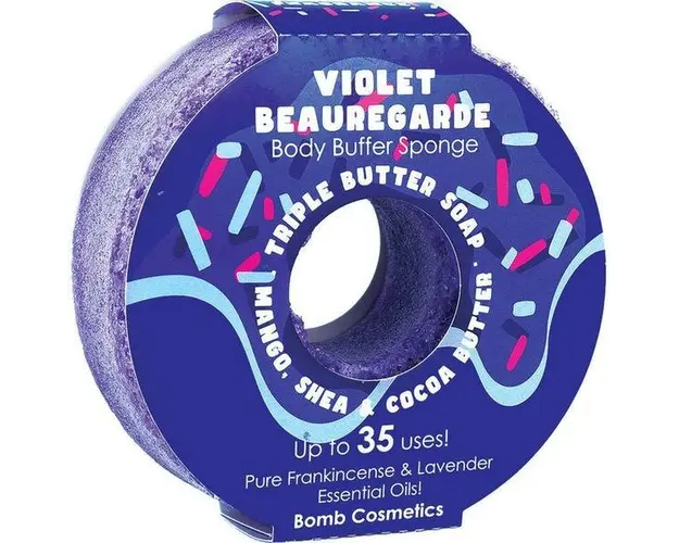 Sapun exfoliant cu burete Violet Beauregarde Donut Body Buffer, Bomb Cosmetics, 200 g