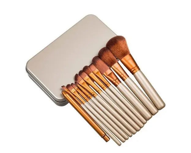 Set 12 pensule machiaj profesionale make-up pentru fond de ten, gene, mascara, contur, fard de obraji, pleoape, in cutie de metal