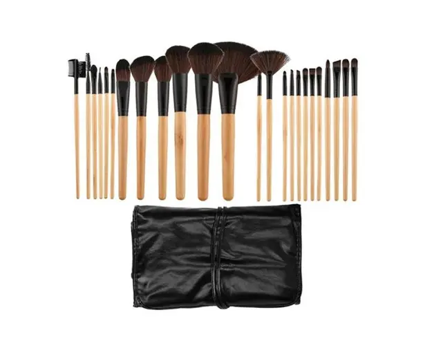 Set 24 Pensule Negre cu Maner din Lemn pentru Machiaj - Mimo Makeup Brush Wooden&amp; Black, 24 buc