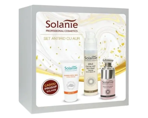 Set Antirid cu Aur - Solanie ( Crema noapte 50 ml + Crema exfolianta 50 ml + Ser 15 ml + Prosop ) 