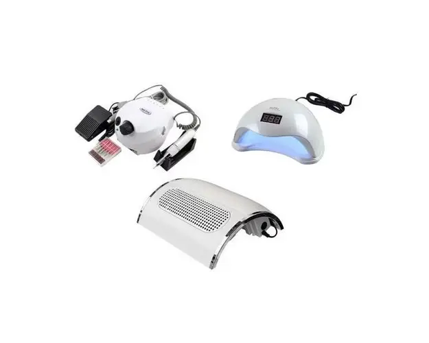 Set aparate profesionale manichiura, Lampa Uv Led SUN5 48w, Freza unghii 35000 RPM, Aspirator colector praf 40w 