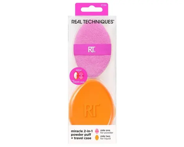 Set Buretel de Machiaj Multifunctional + Trusa de Calatorie - Real Techniques Miracle 2-in-1 Powder Puff + Travel Case, 1 set