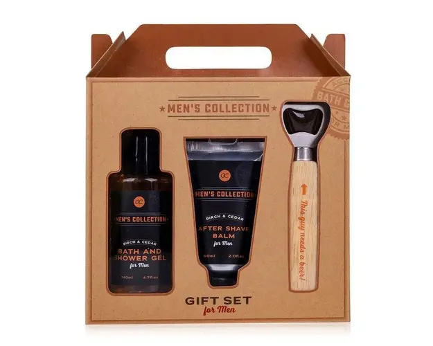 Set cadou barbati Accentra MEN&#039;S COLLECTION in cutie hartie kraft, Gel de dus 140ml, After shave balsam 60ml, Deschizator sticla cu maner de lemn 