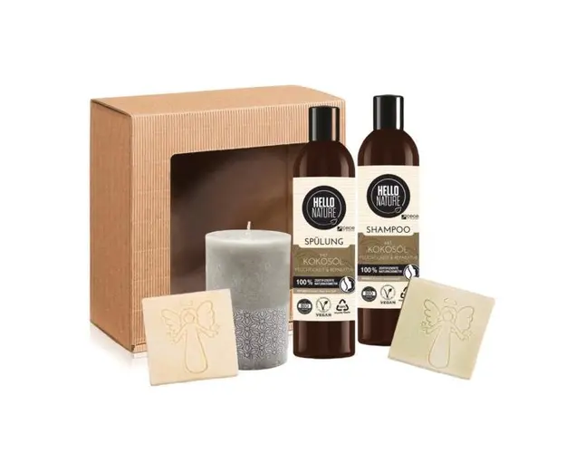 Set cadou Cocos Hello Nature cu Sapun natural cu spirulina (100 gr) + Sapun cu ulei argan (100 gr) + Sampon vegan ( 300 ml) + Balsam par vegan ( 300 ml) + lumanare