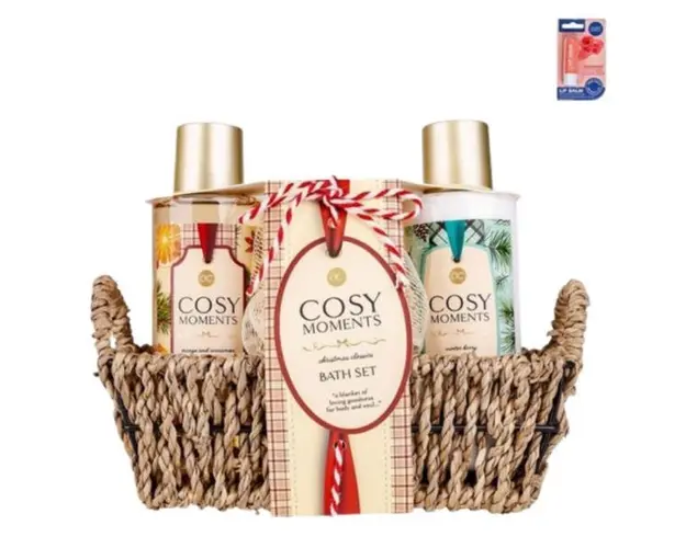 Set cadou cosmetice Accentra Craciun Cosy Moments gel de dus 150ml + lotiune de corp 150 ml + buretel si balsam de buze